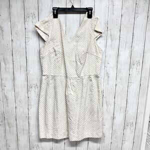 Worthington Dress‎ Women Sz 14 Cream Textured V-Neck Short Sleeve Fit Flare Mini